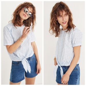 NWT Madewell Gingham Button Back Tie Waist Top Shirt Tee Blue White Check XS